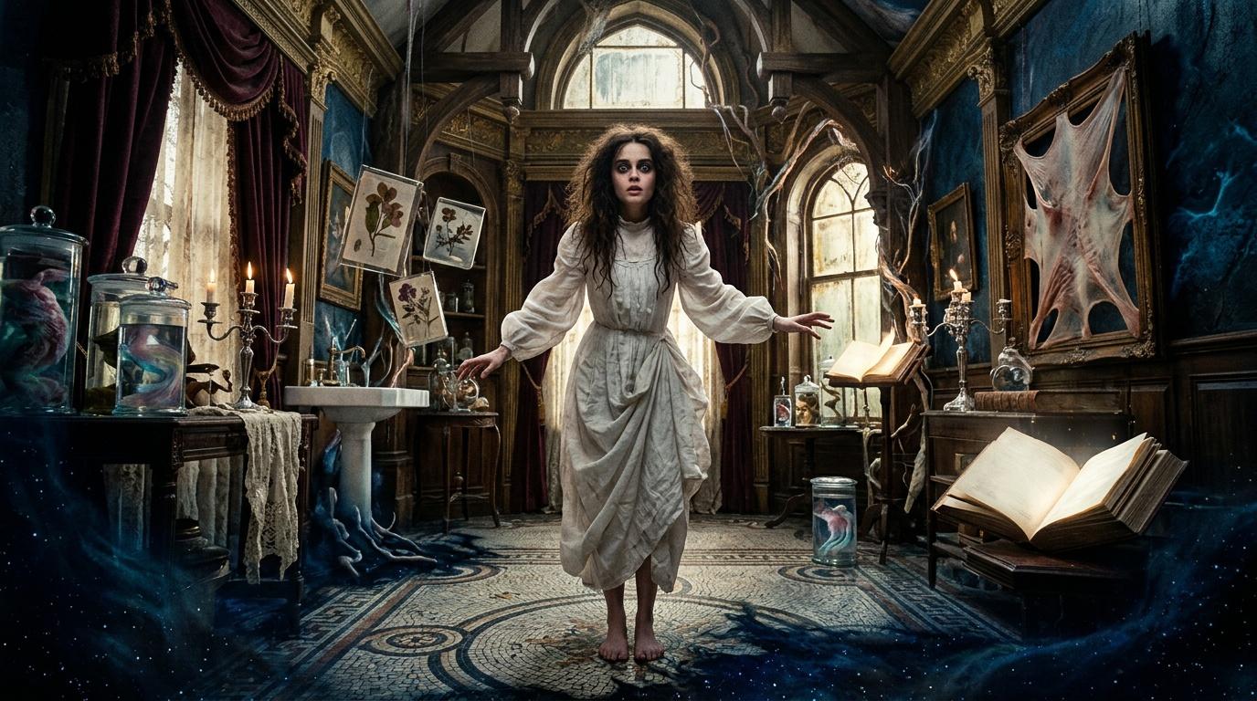 Femme en robe blanche dans une chambre gothique illuminée par la magie