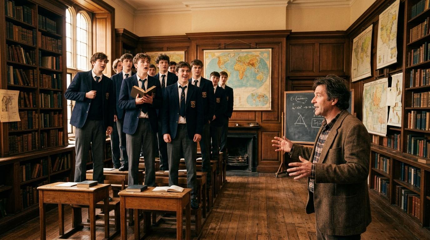 Professeur enseigne à des étudiants en uniforme dans une bibliothèque.