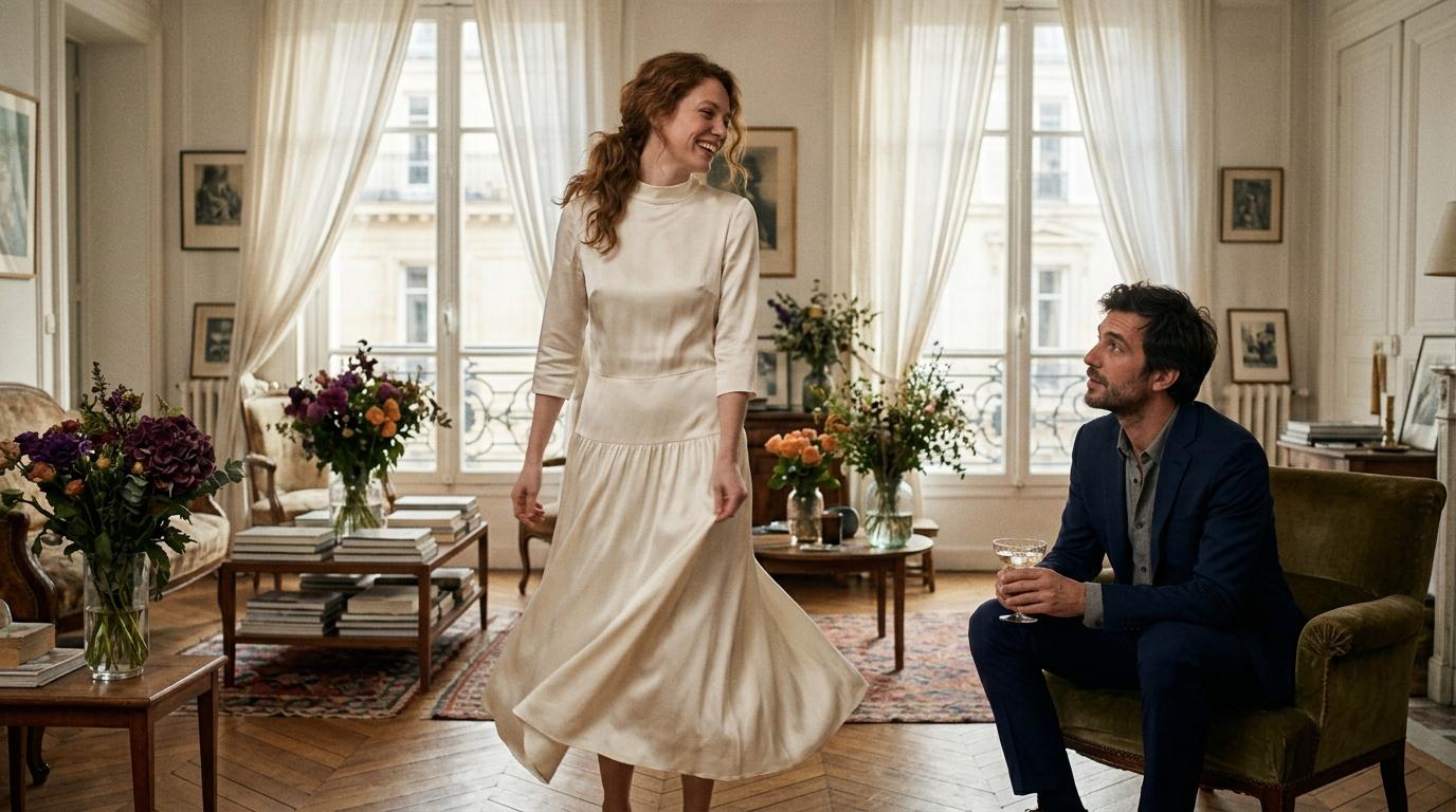 Femme en robe crème et homme en blazer bleu discutent dans un élégant salon