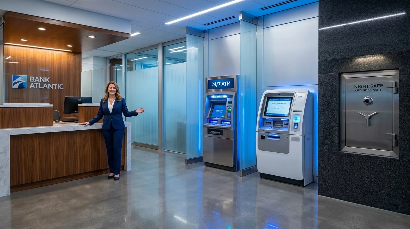 Employée dans une agence Bank Atlantic avec distributeurs ATM