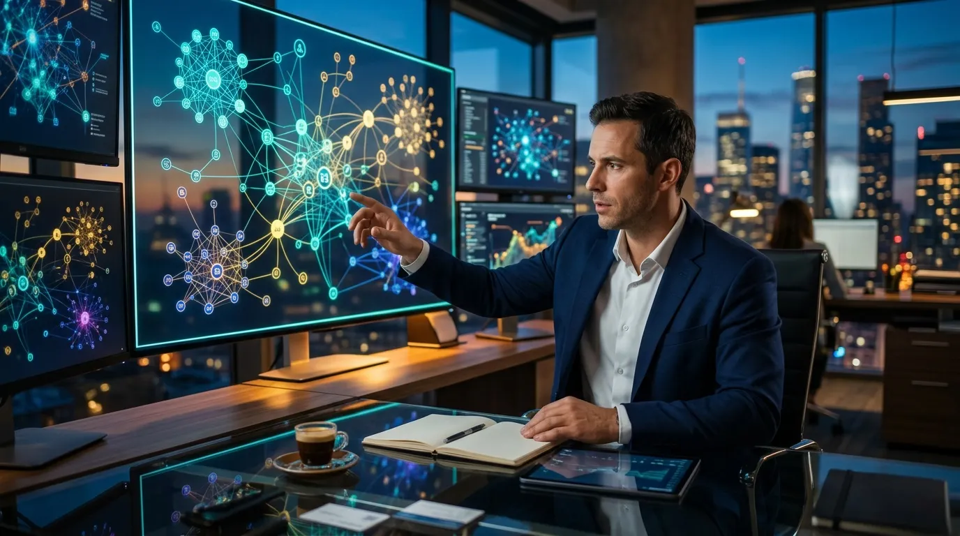 Homme en costume analyse graphiques réseau sur écrans numériques