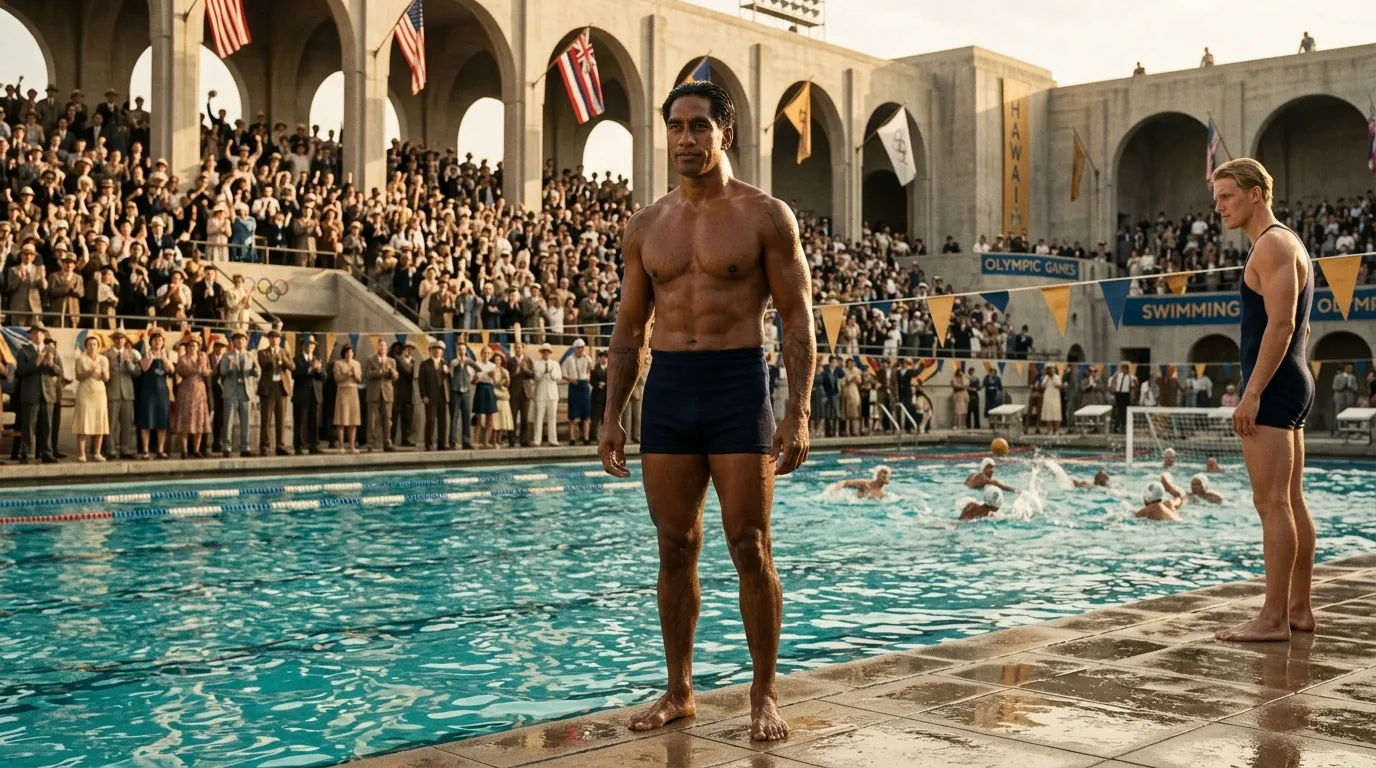 Nageur debout au bord d'une piscine olympique vintage.