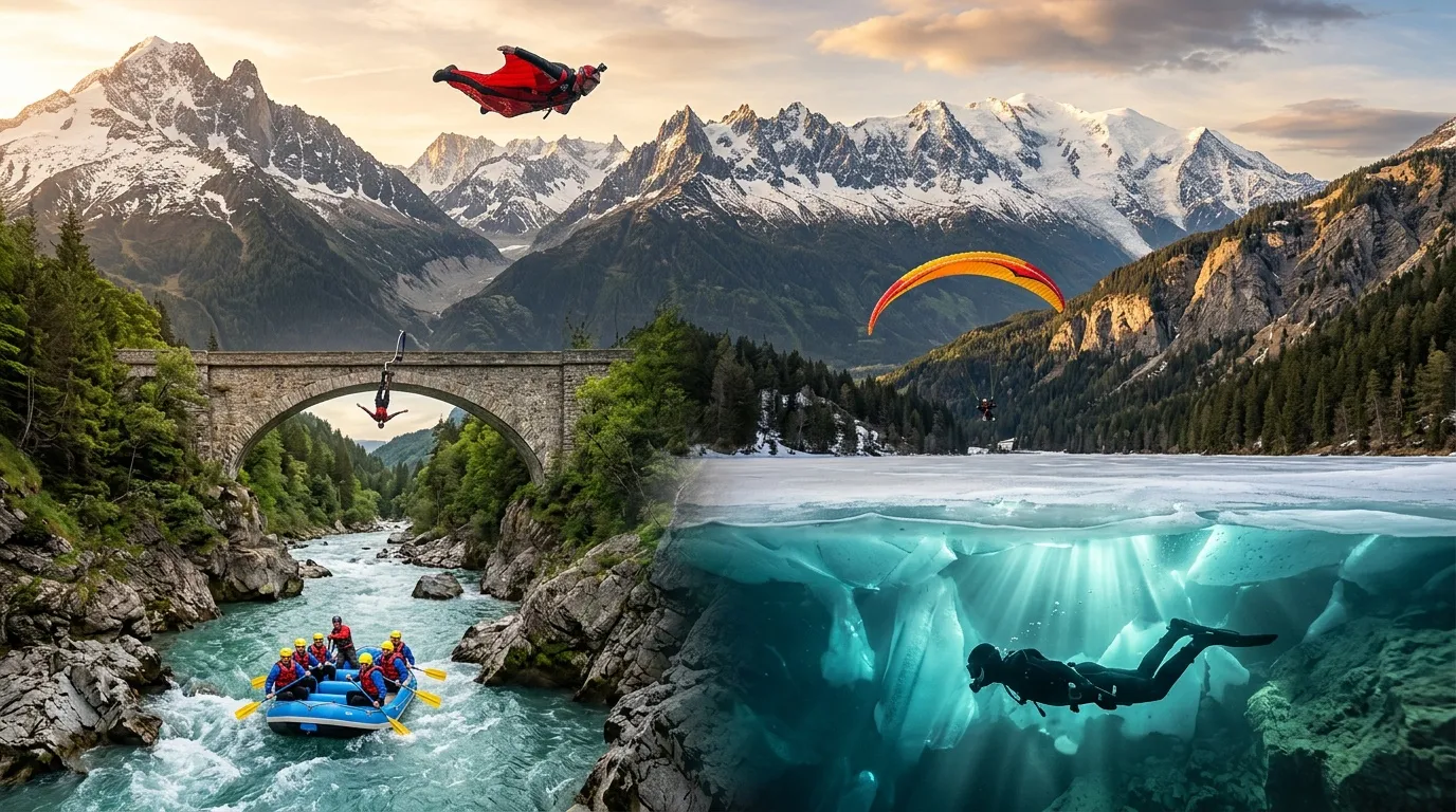Collage sports extrêmes : parachutisme, paragliding, rafting, plongée montagne