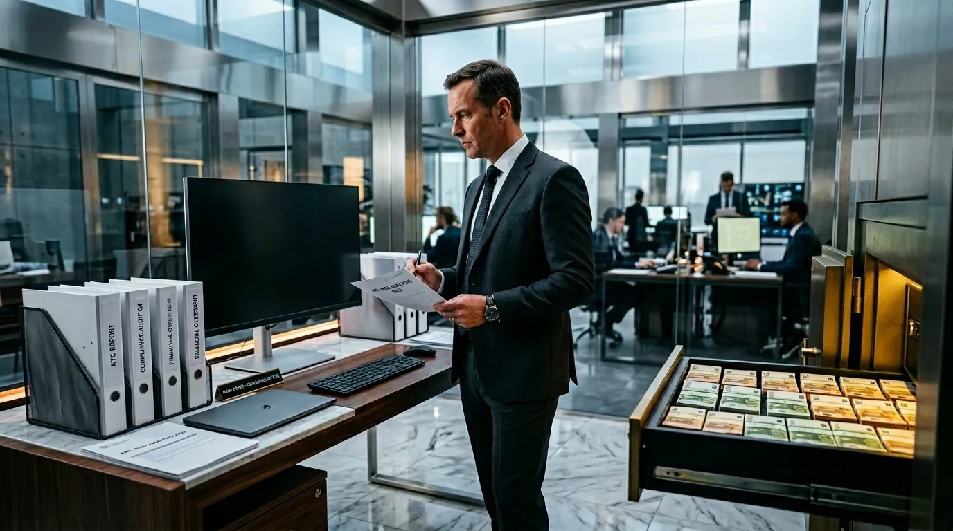 Homme en costume consulte documents dans bureau haut de gamme