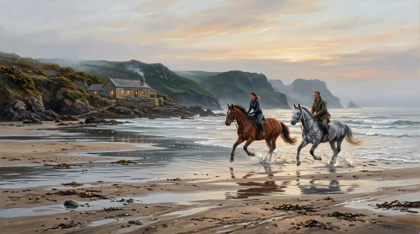 Deux cavaliers galopent sur une plage rocheuse avec maison et falaises