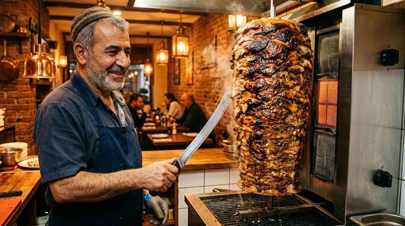 Cuisinier tranche la viande du kebab avec un couteau