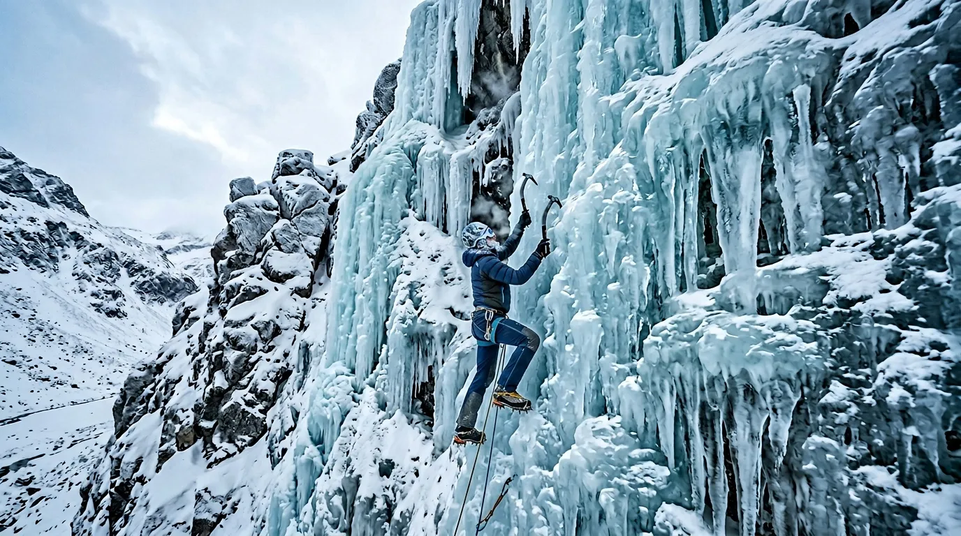 Grimpeur sur cascade gelée avec piolets et cordes de sécurité