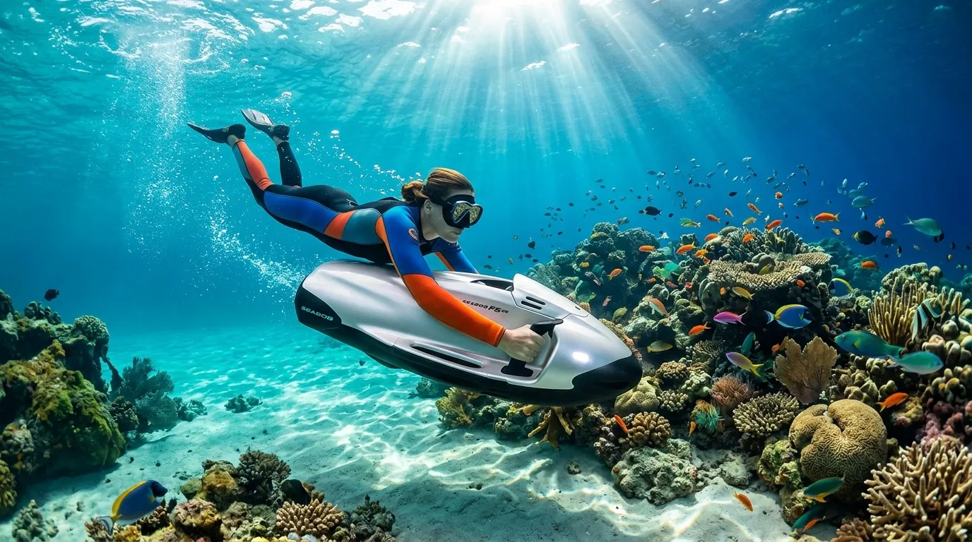 Plongeur sur scooter explorant récif corallien coloré