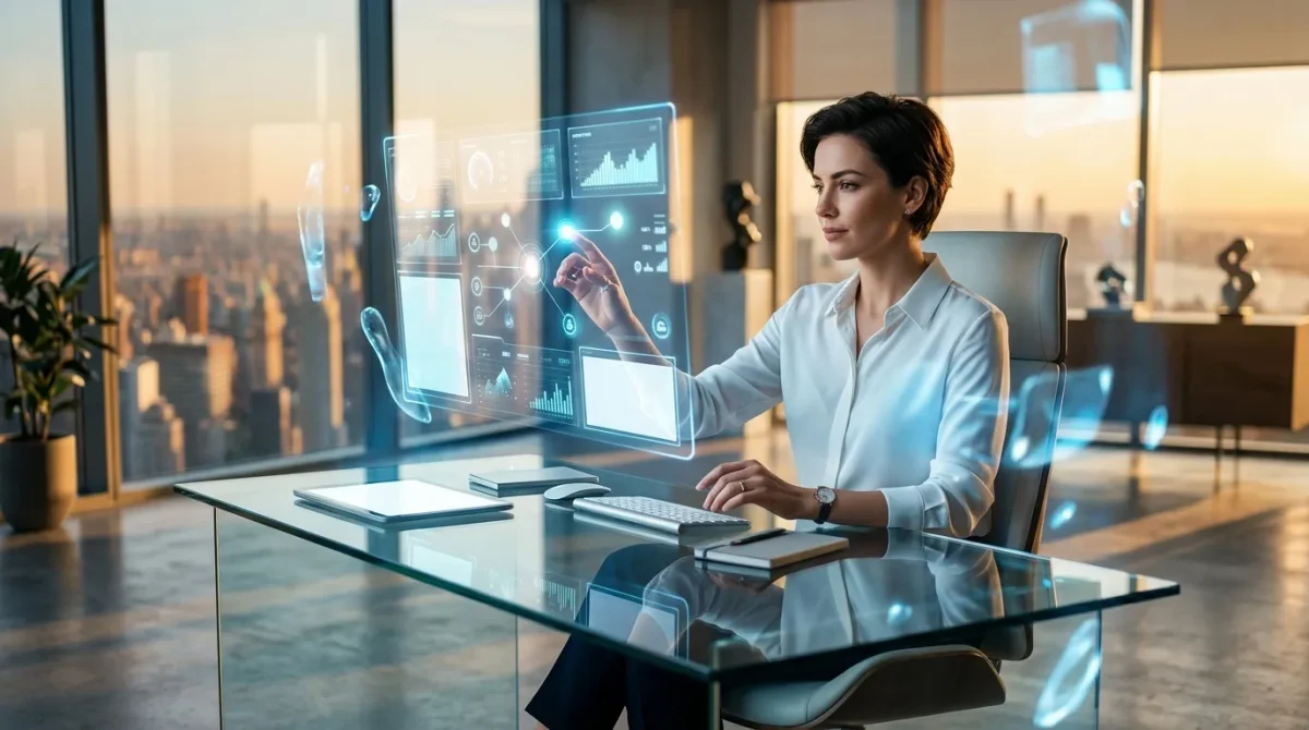 Femme professionnelle manipulant hologrammes de données analytiques