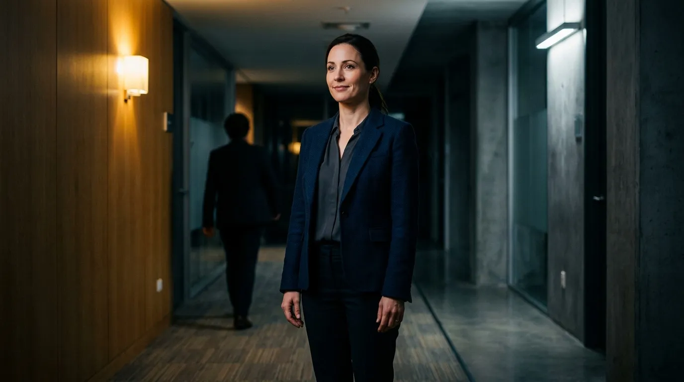 Femme en costume bleu dans un couloir d'immeuble professionnel