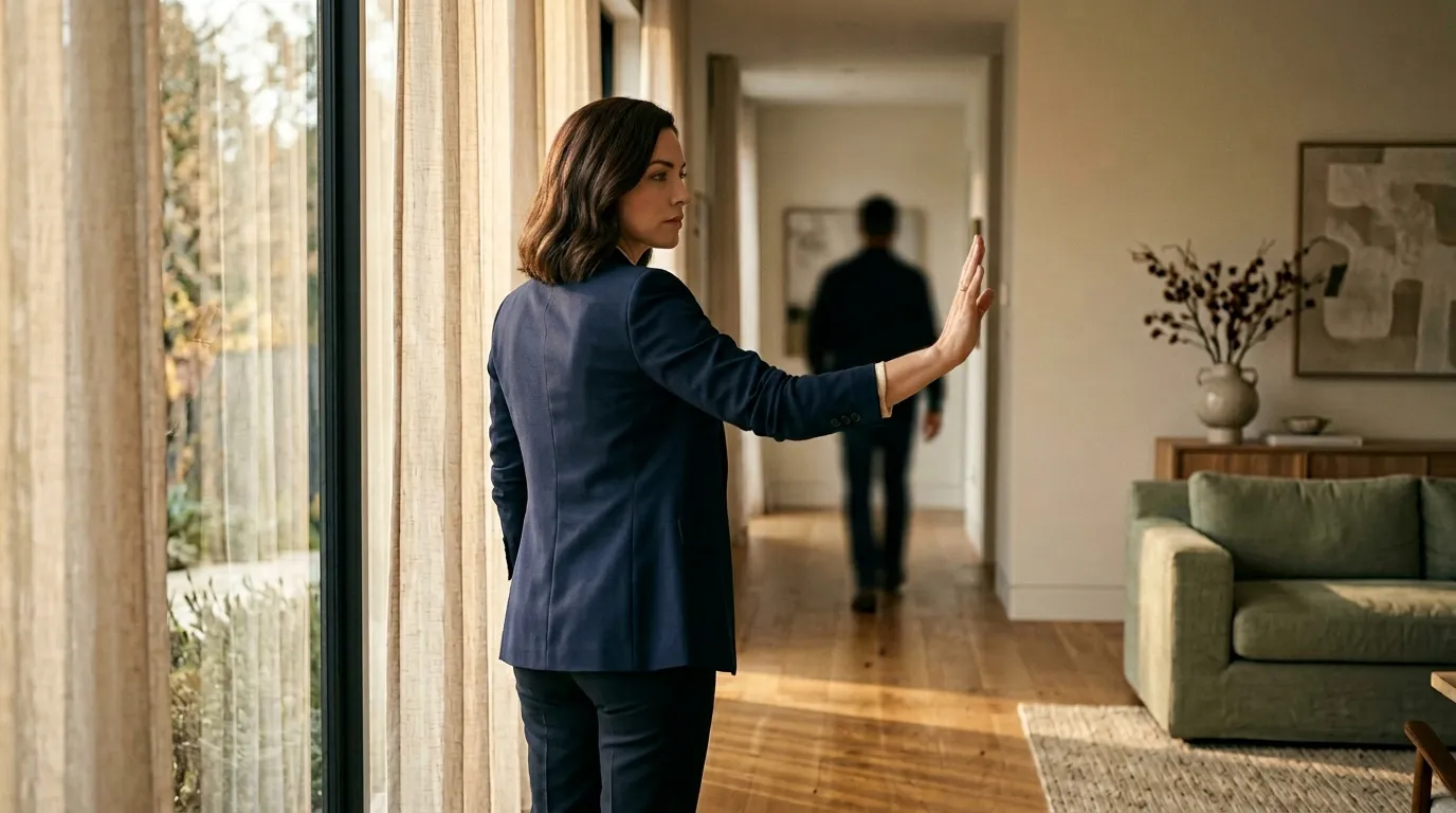 Femme en blazer bleu contemplant le jardin par la fenêtre