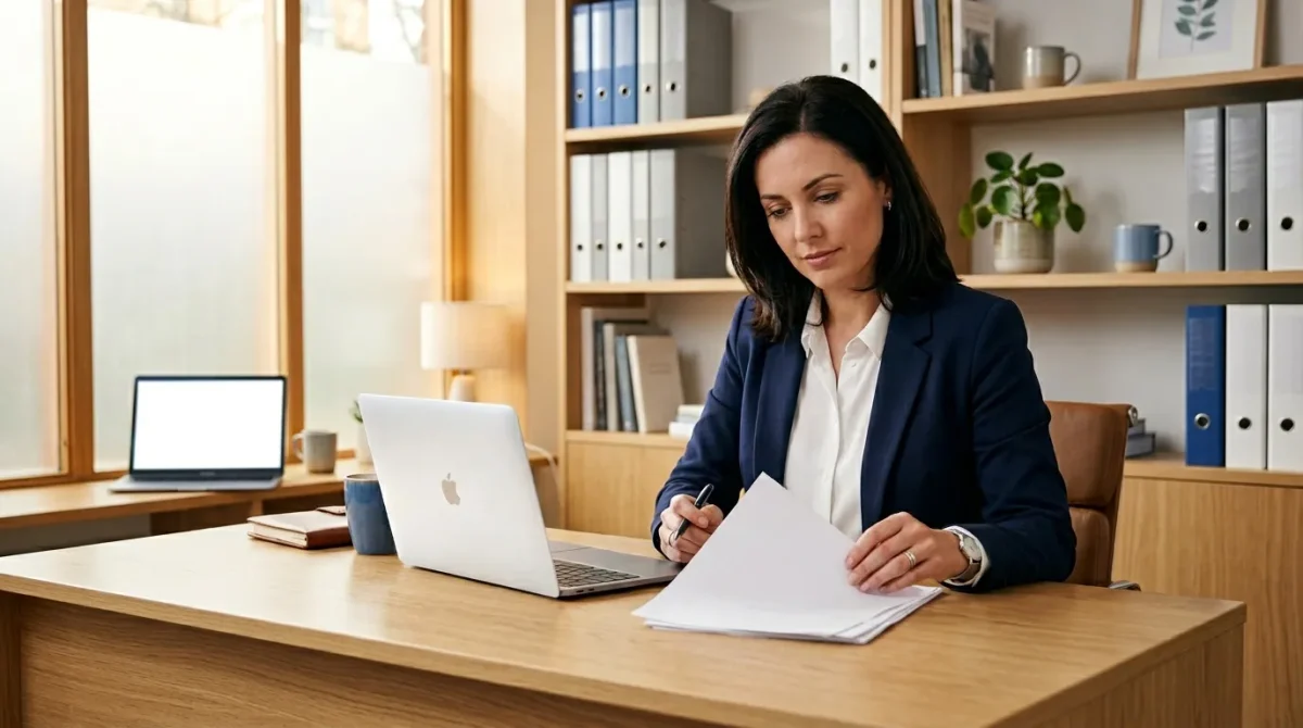 Femme en costume bleu consultant documents avec laptop
