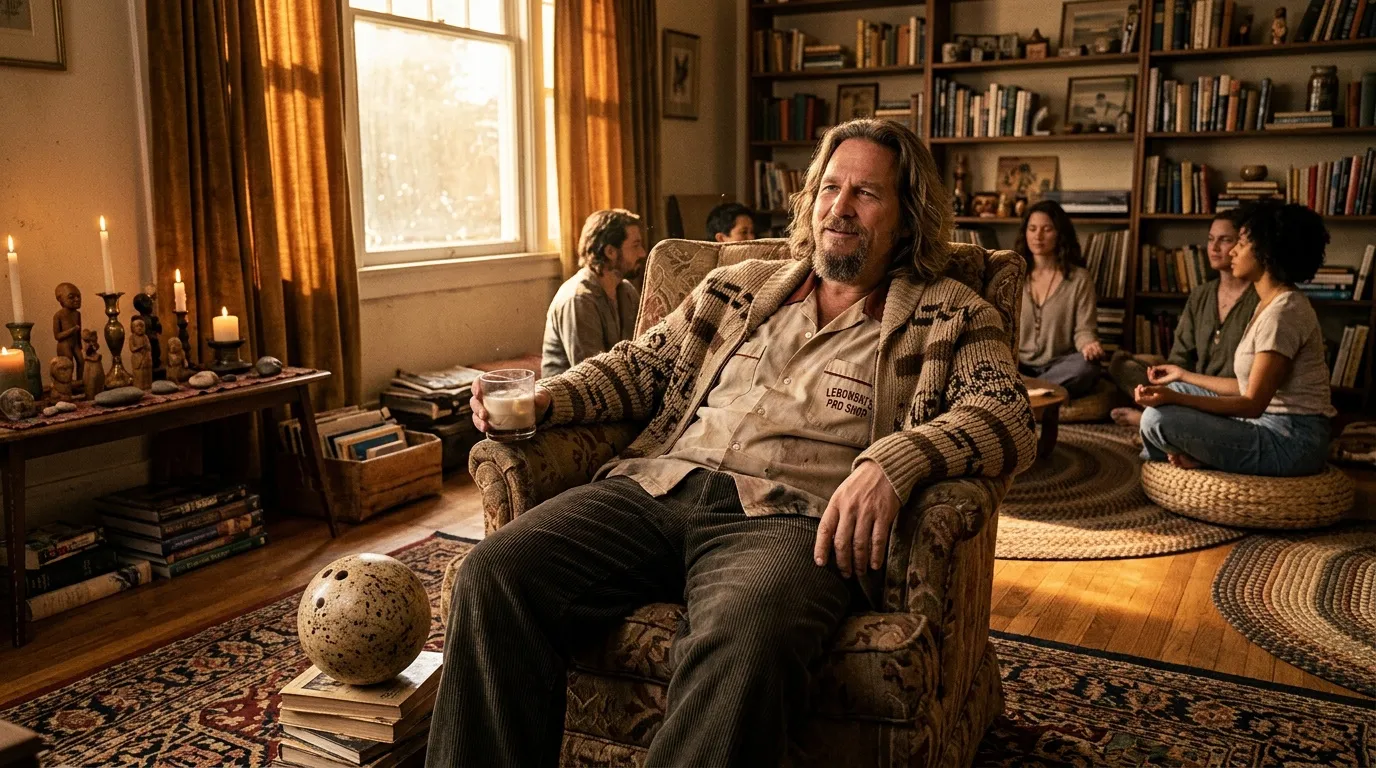 Homme barbu dans fauteuil, verre à la main, entouré de disciples