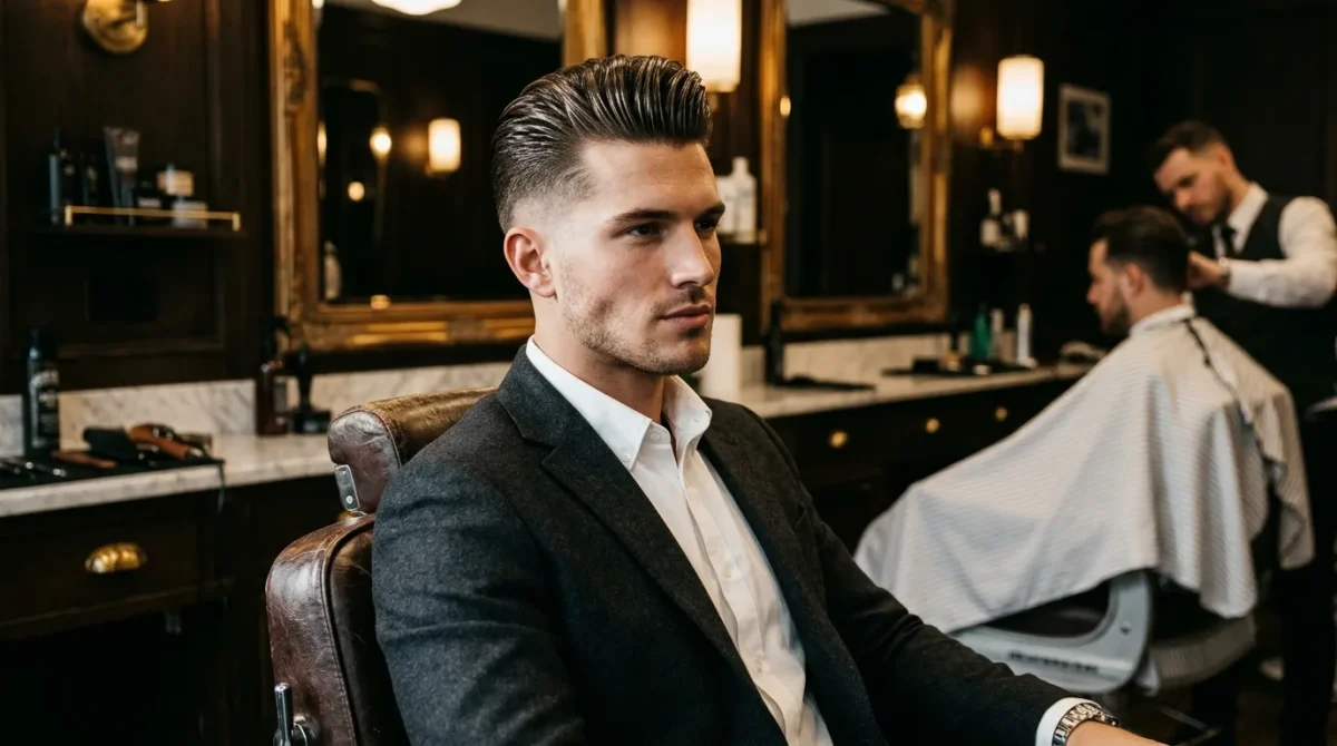 Homme en costume gris dans un salon de coiffure luxueux