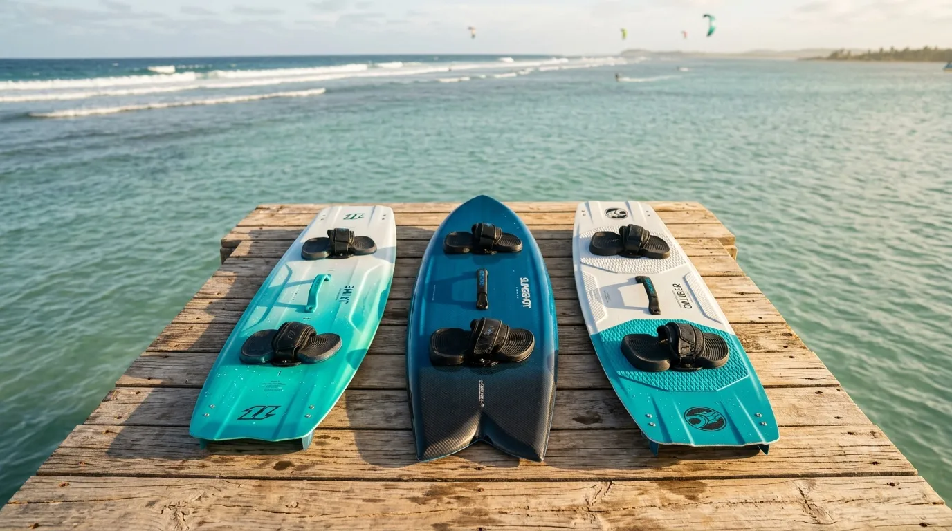 Trois planches de kite colorées alignées sur un ponton en bois