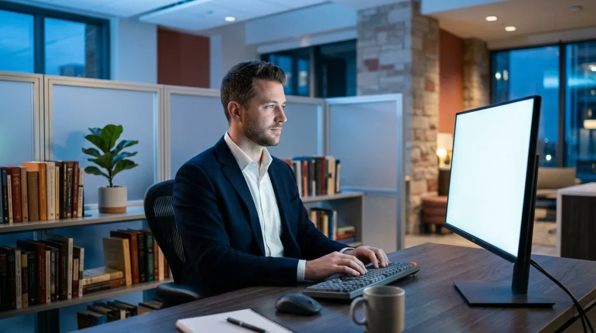 Homme d'affaires en costume tapant sur clavier de bureau.