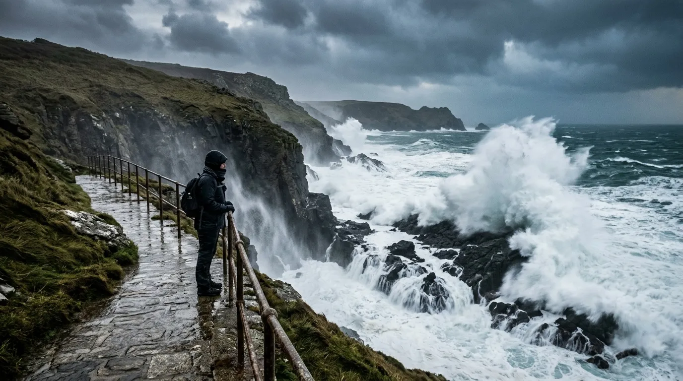Randonneur observant les vagues déferlantes sur les falaises