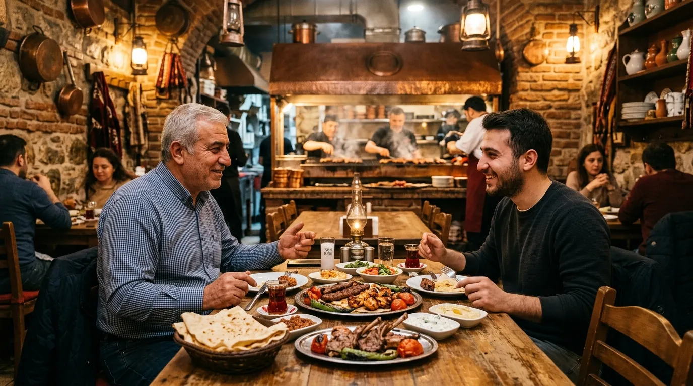 Deux hommes partagent un repas dans un restaurant rustique