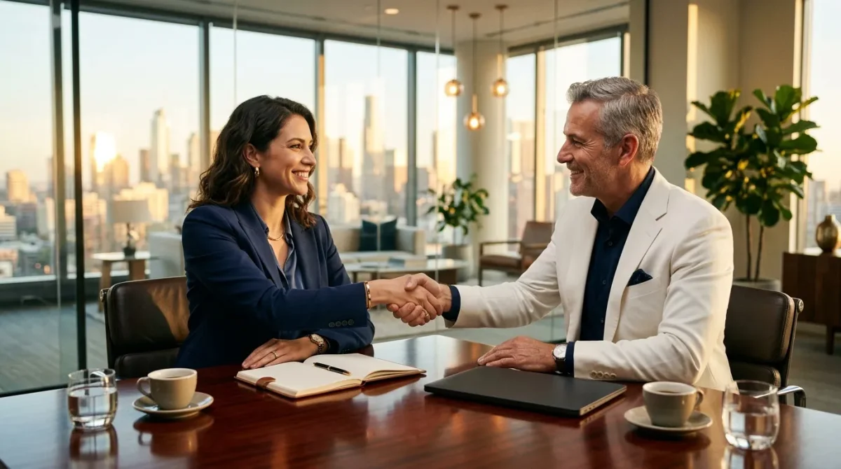 Deux professionnels se serrent la main lors d'une réunion.