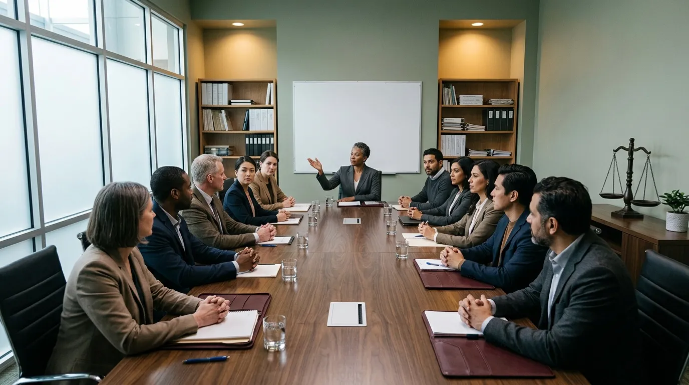 Équipe de professionnels en costume autour d'une table de réunion