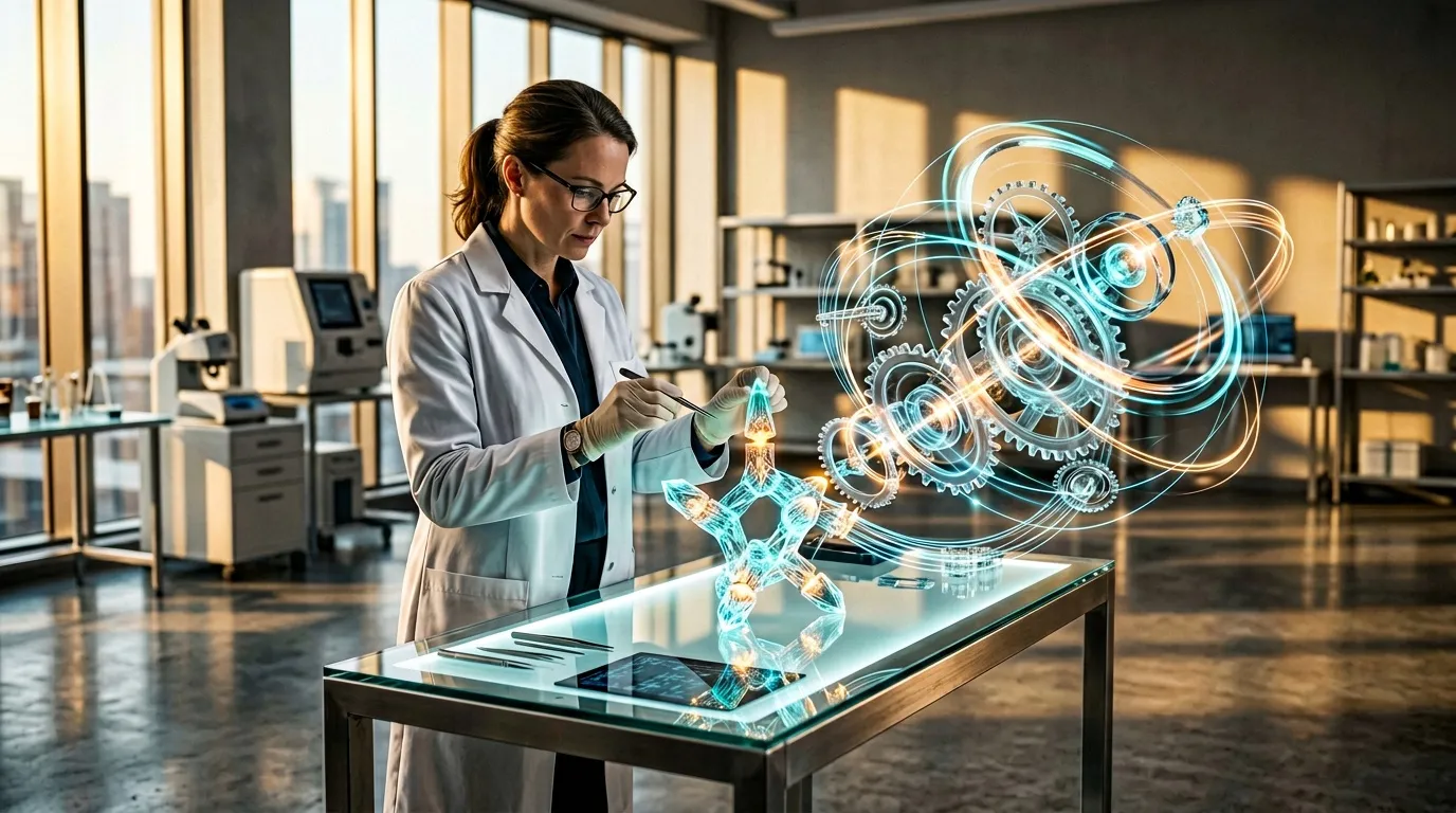 Chercheure en blouse blanche examine hologramme futuriste