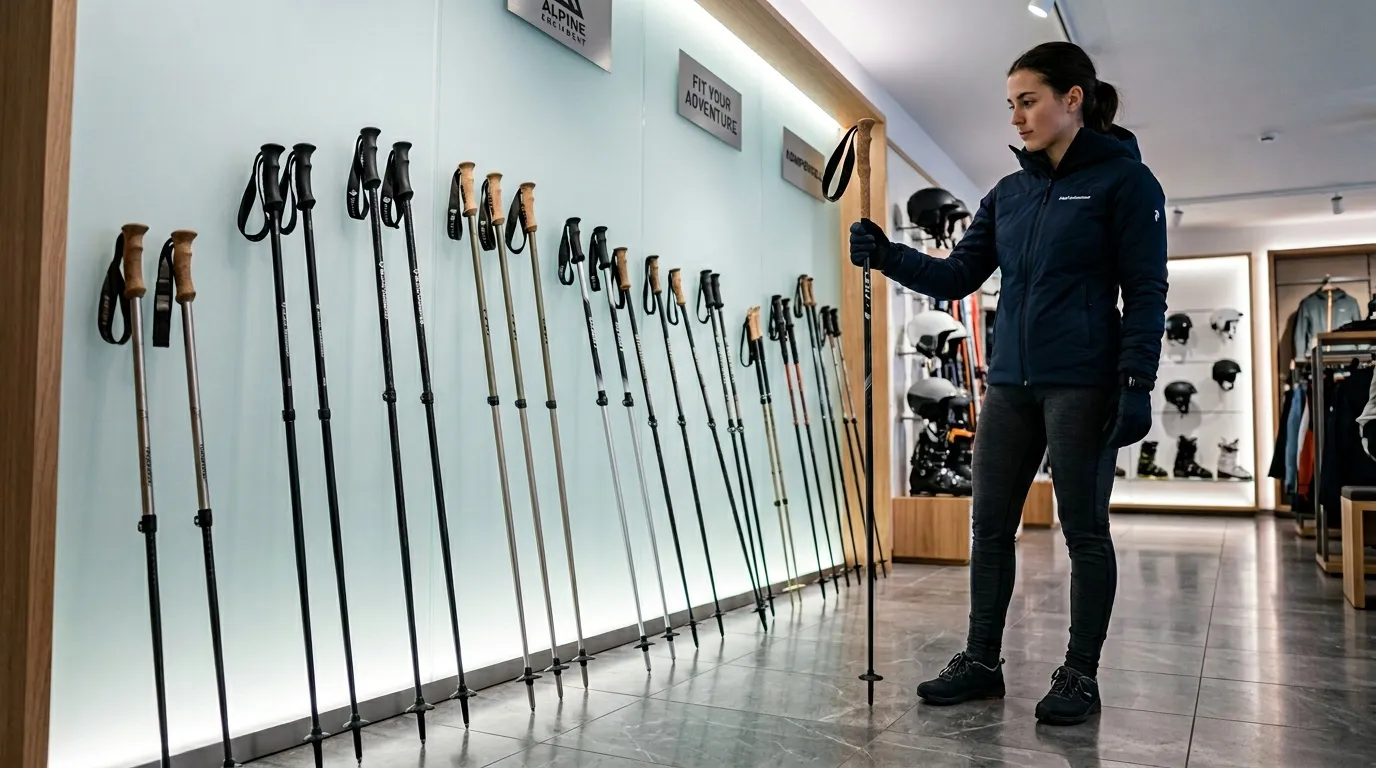 Femme choisissant des bâtons de ski dans un magasin spécialisé