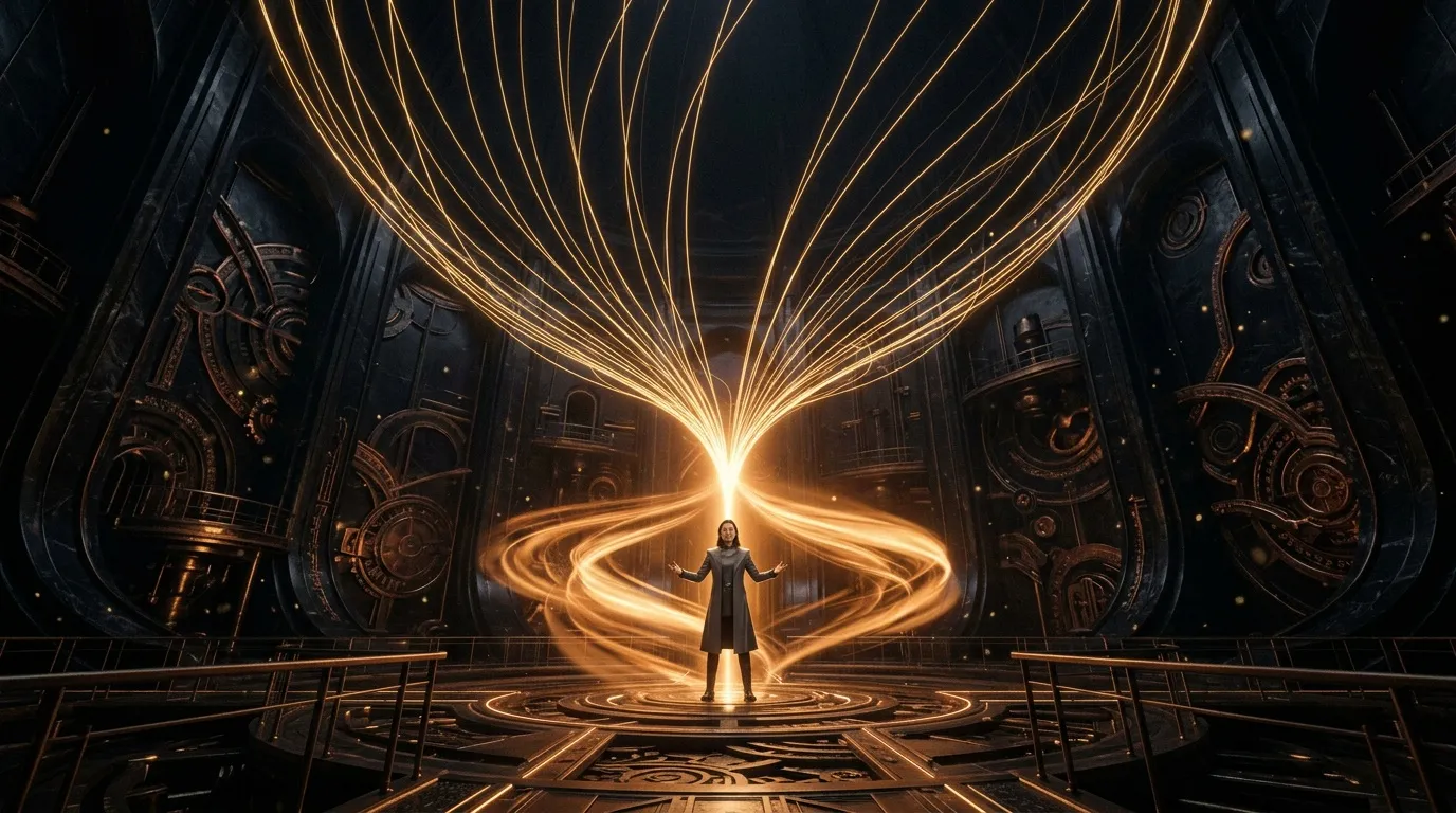 Femme silhouettée au centre d'un temple futuriste doré