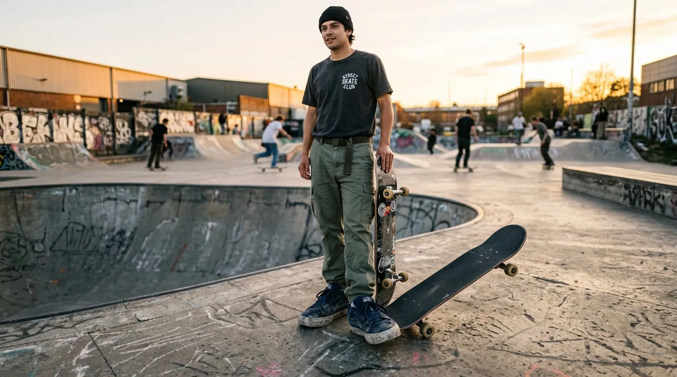 Jeune skateur tenant son skateboard au skate park