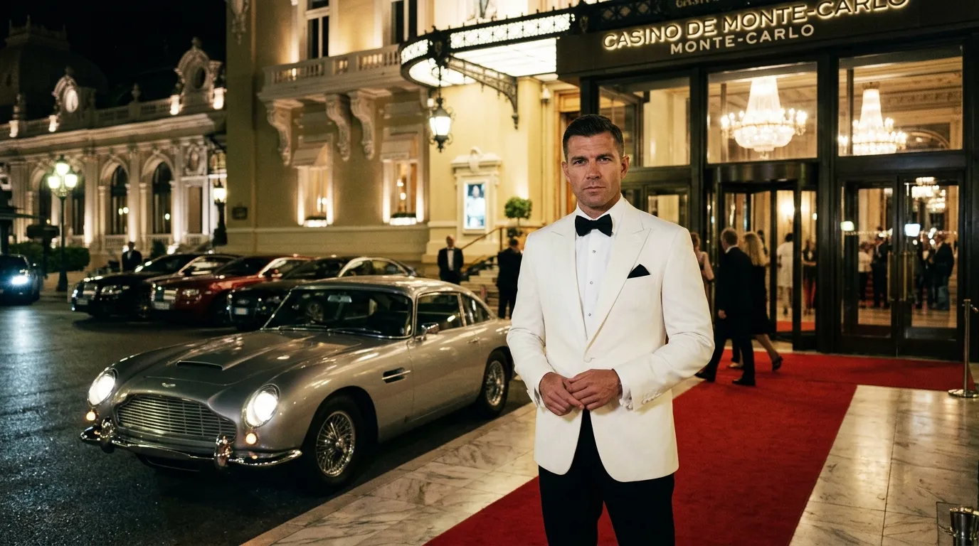 Homme en costume blanc devant Casino Monte-Carlo
