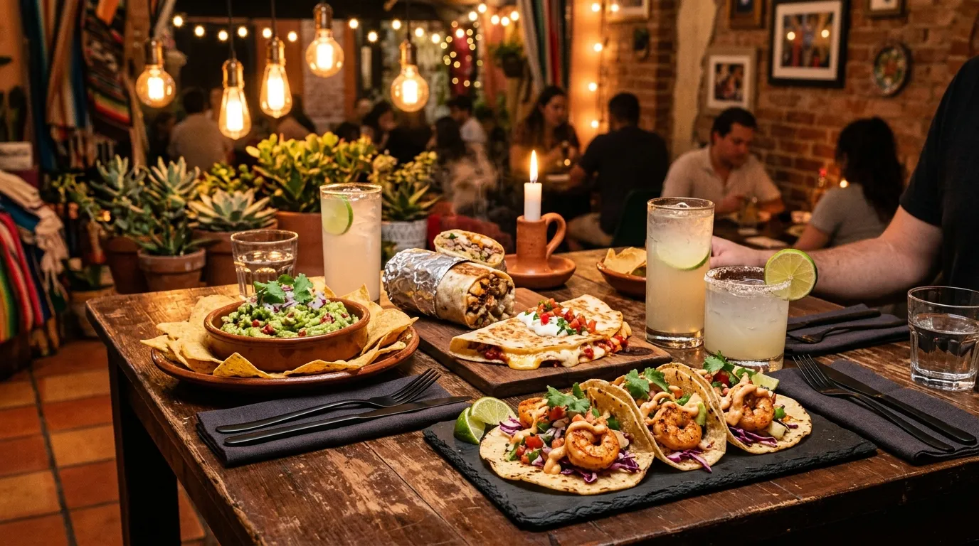 Table de restaurant avec tacos, crevettes et boissons fraîches