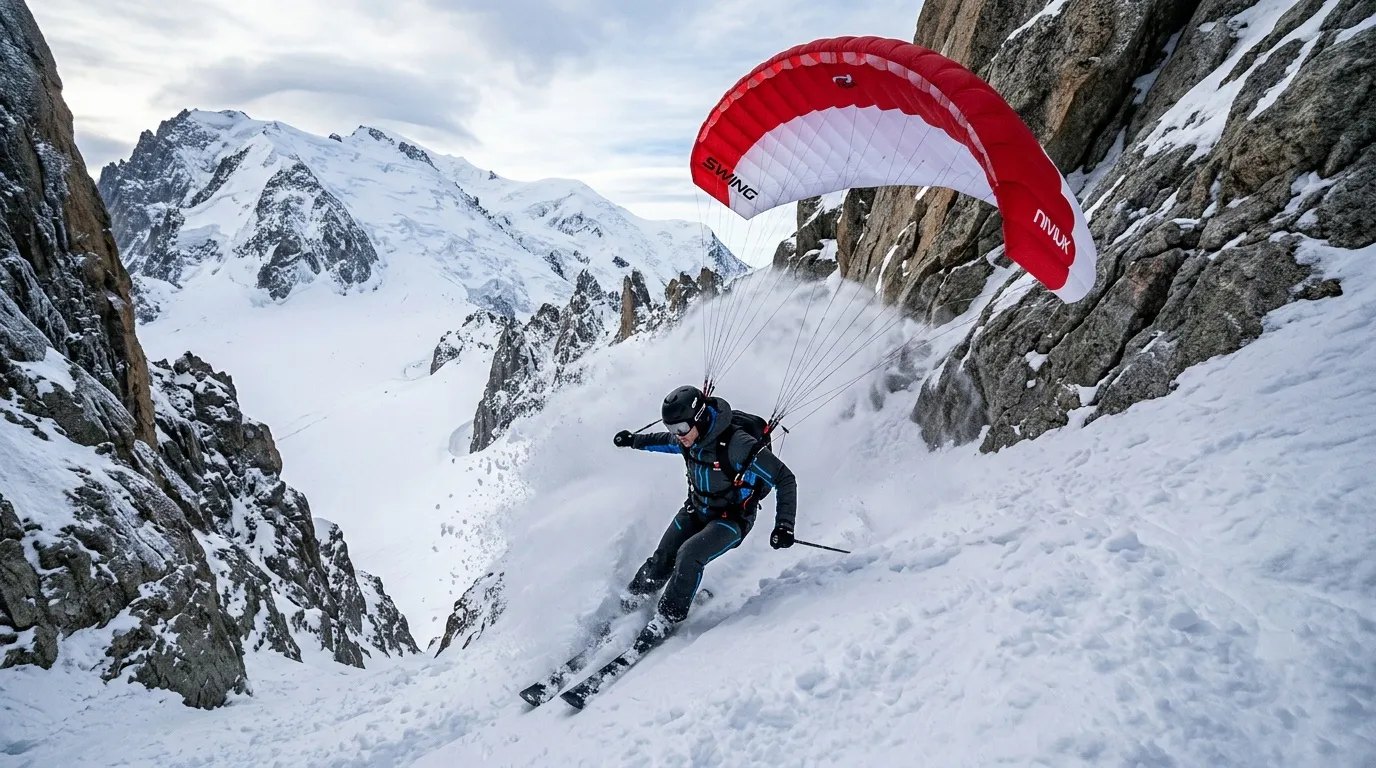 Athlète en speedriding avec parachute rouge dans les Alpes