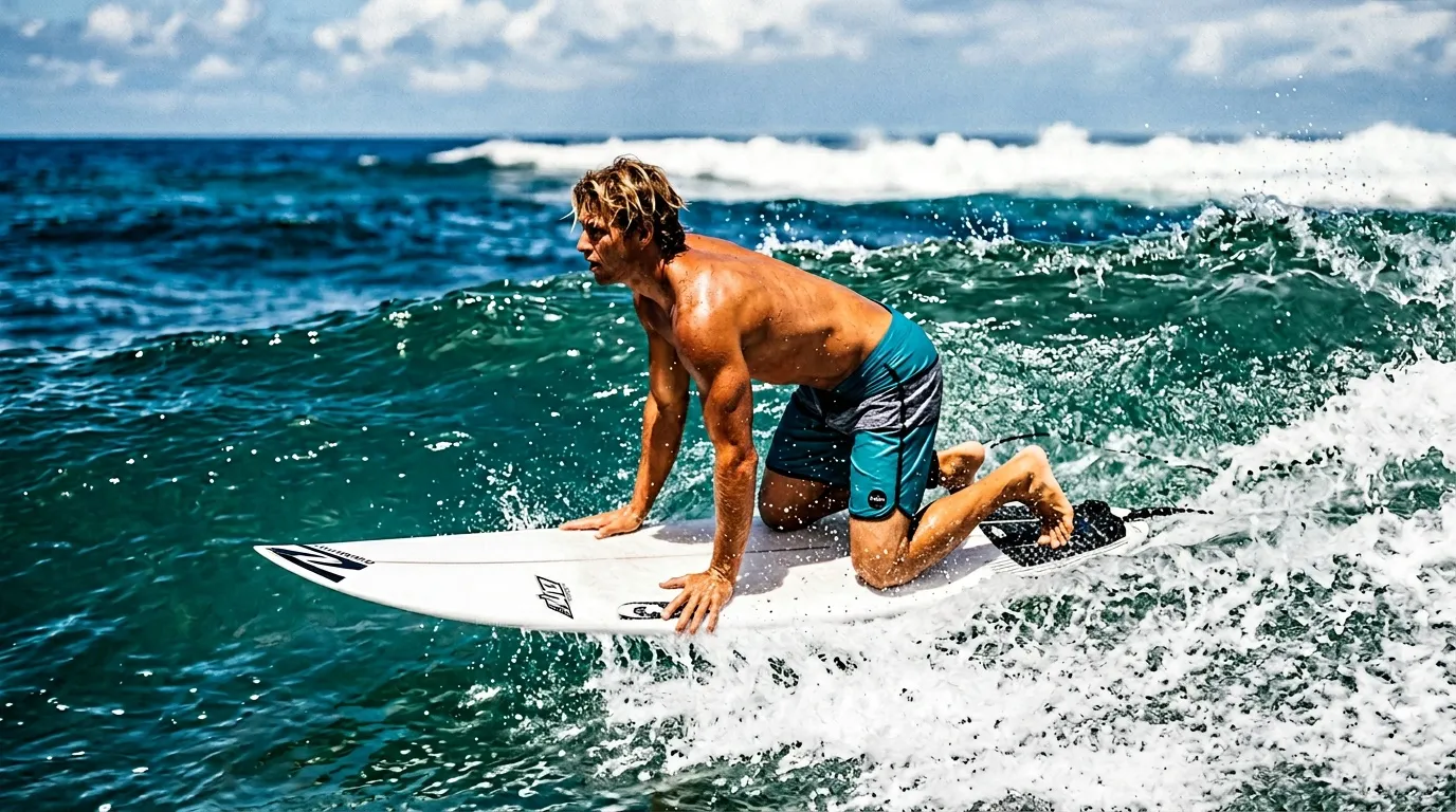 Jeune surfeur avec sa planche dans les vagues bleues