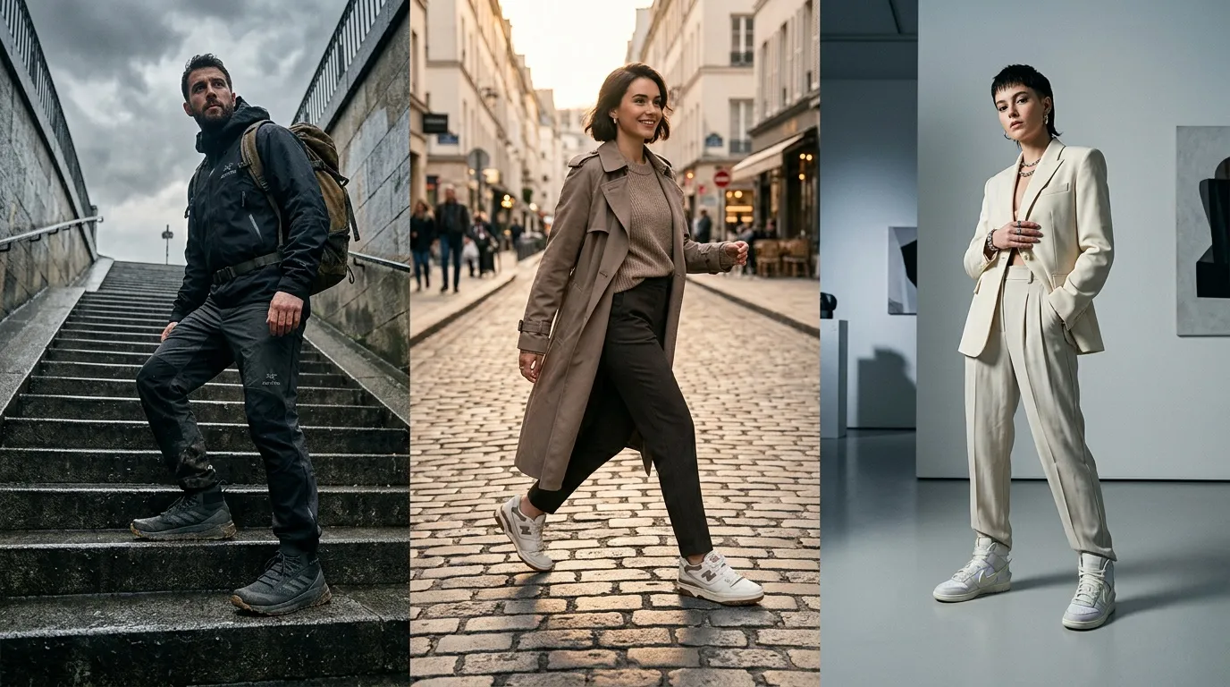 Trois personnes posent dans des tenues urbaines modernes et minimalistes