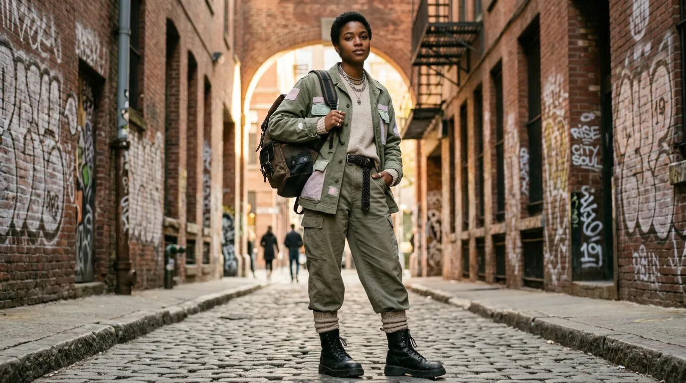 Femme en tenue cargo dans une ruelle urbaine pavée