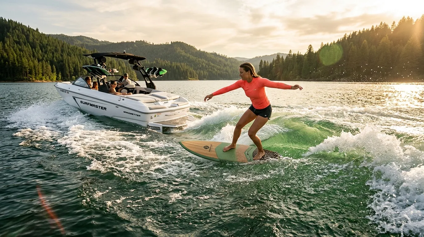 Femme en wakeboard tractée par bateau Surfmaster sur lac