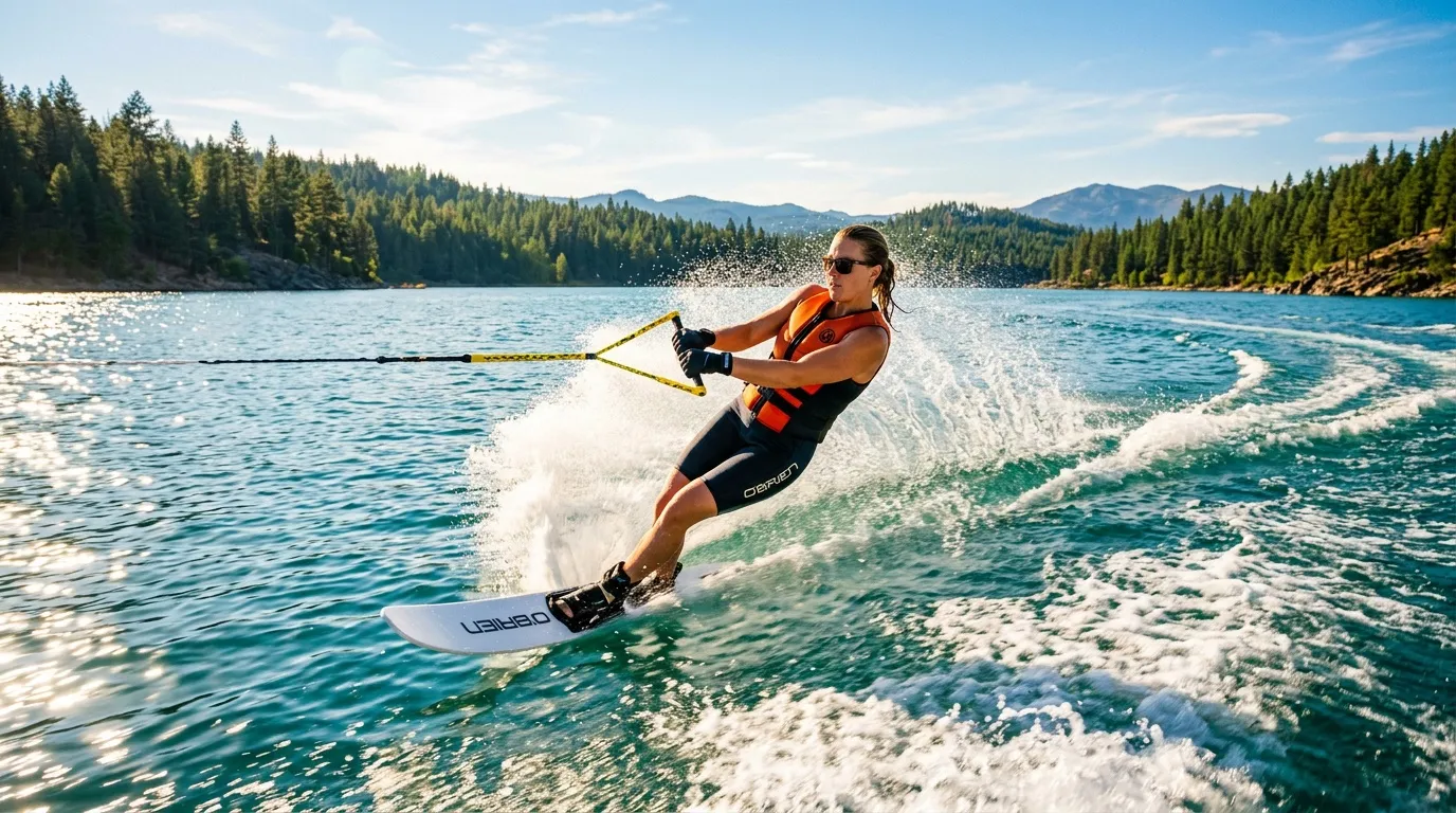 Femme en wakeboard sur lac avec montagnes boisées