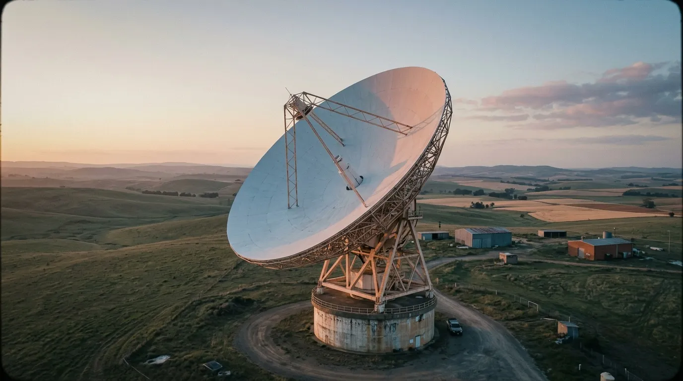 Grande antenne satellite sur structure béton en zone rurale
