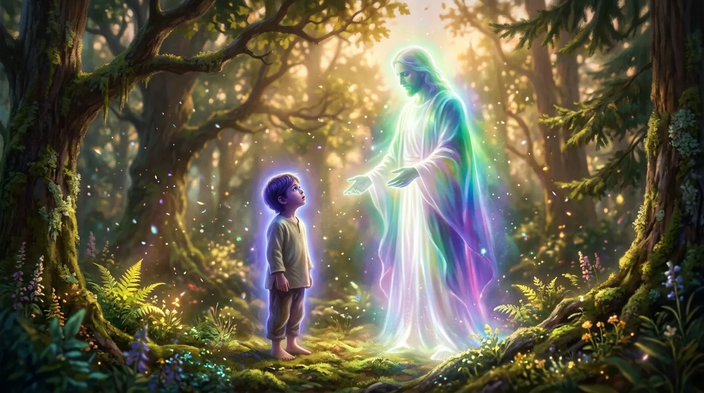Enfant rencontre une figure lumineuse dans une forêt enchantée