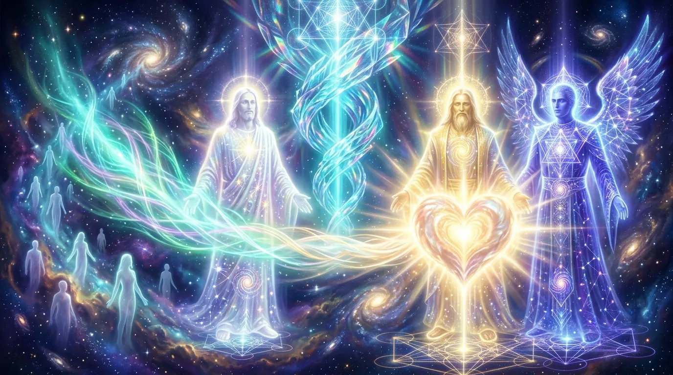 Êtres lumineux et angéliques dans l'univers cosmique brillant