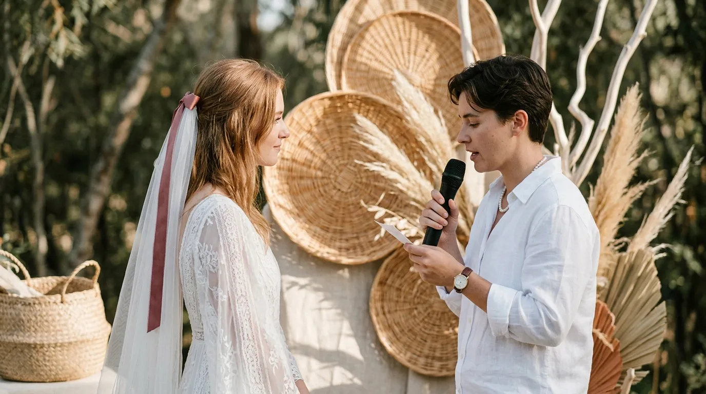 Mariée en robe blanche et marié en chemise blanche échangent leurs vœux