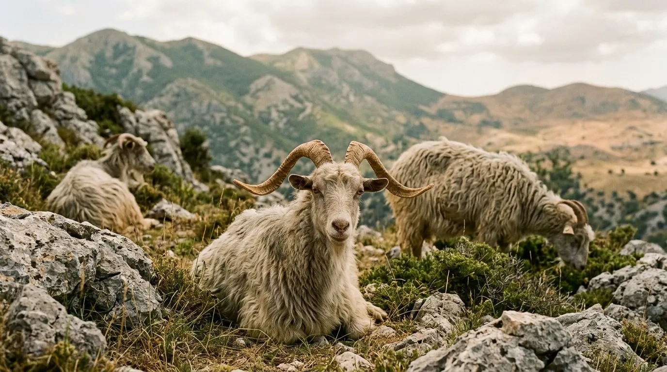 Chèvres blanches paissent sur terrain rocheux montagneux