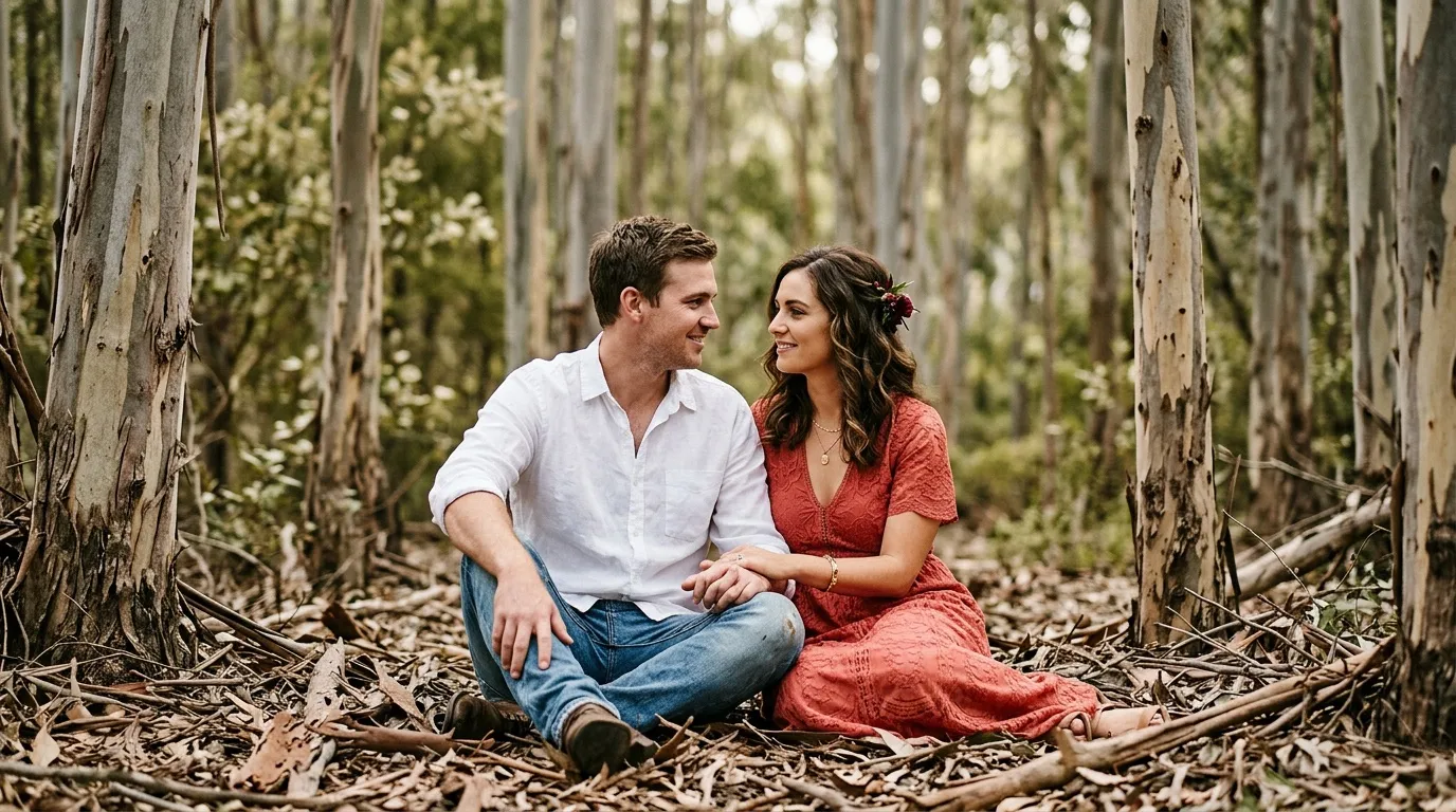 Jeune couple souriant assis entre les arbres eucalyptus