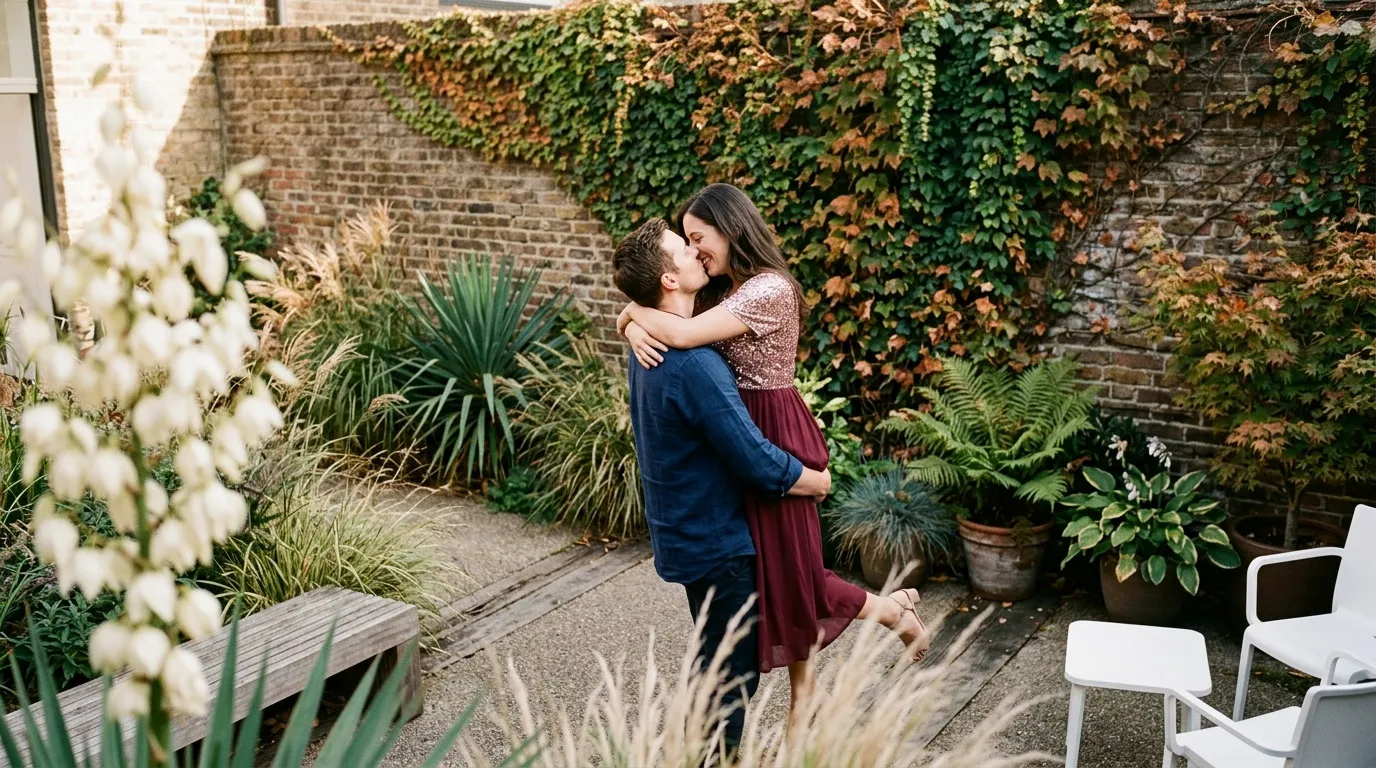 Jeune couple s'embrassant dans un jardin entouré de lierre