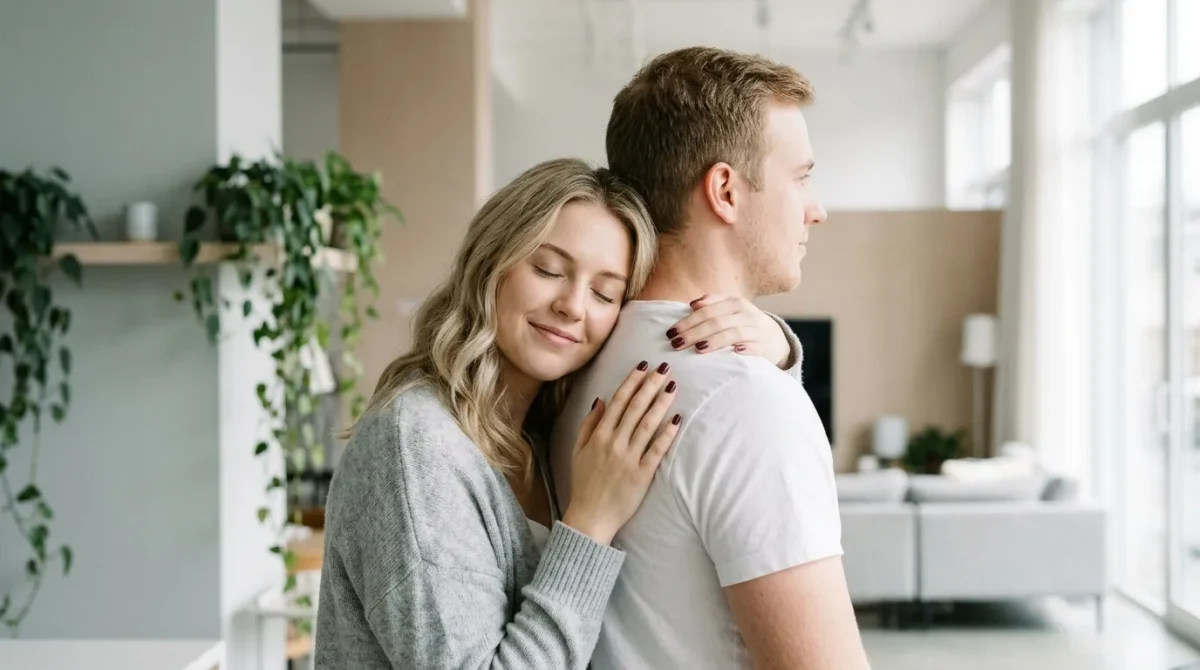 Homme et femme s'embrassant tendrement dans une salle de bain moderne