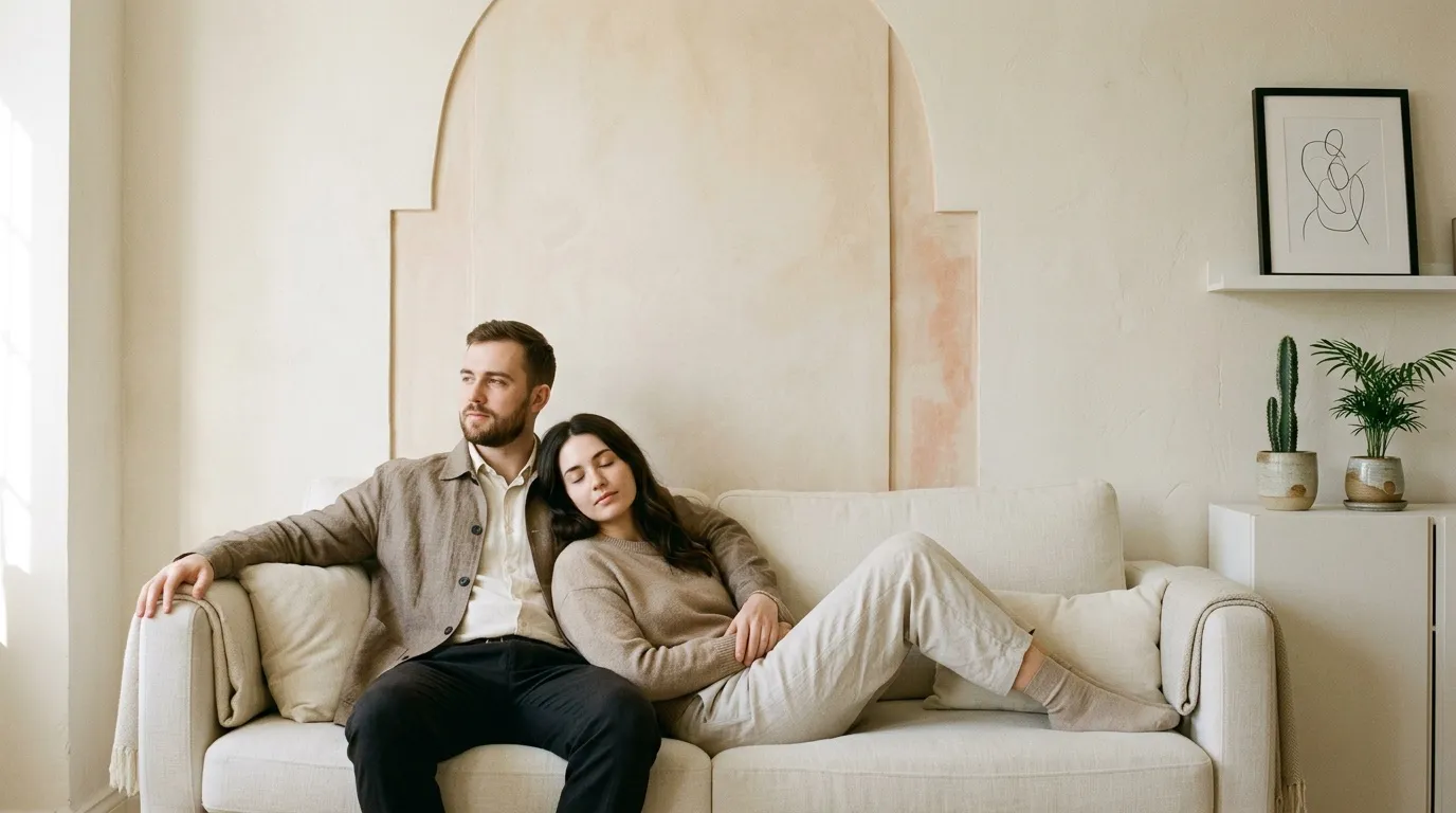 Homme et femme assis confortablement sur un canapé beige clair