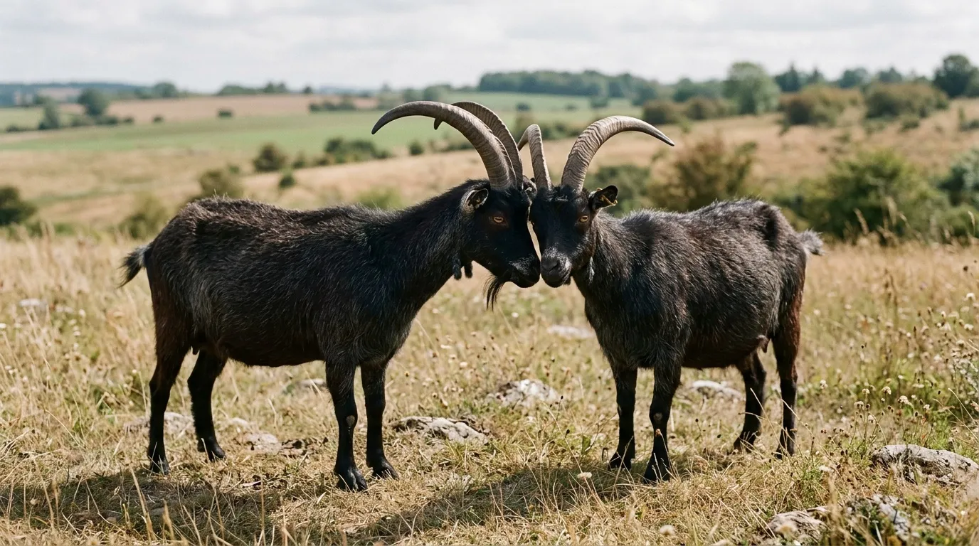 Deux chèvres noires aux cornes courbées se touchent le museau
