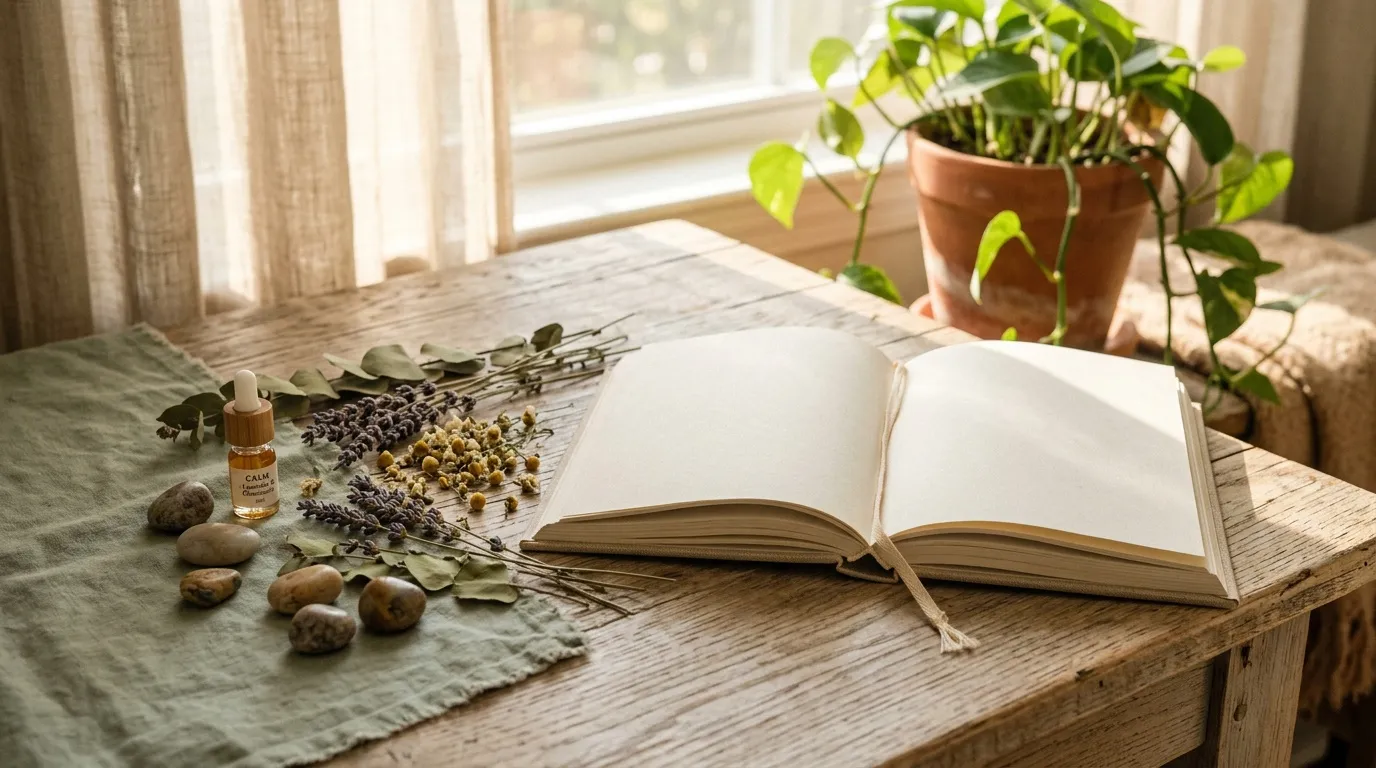 Livre ouvert avec plantes, fleurs séchées et galets naturels