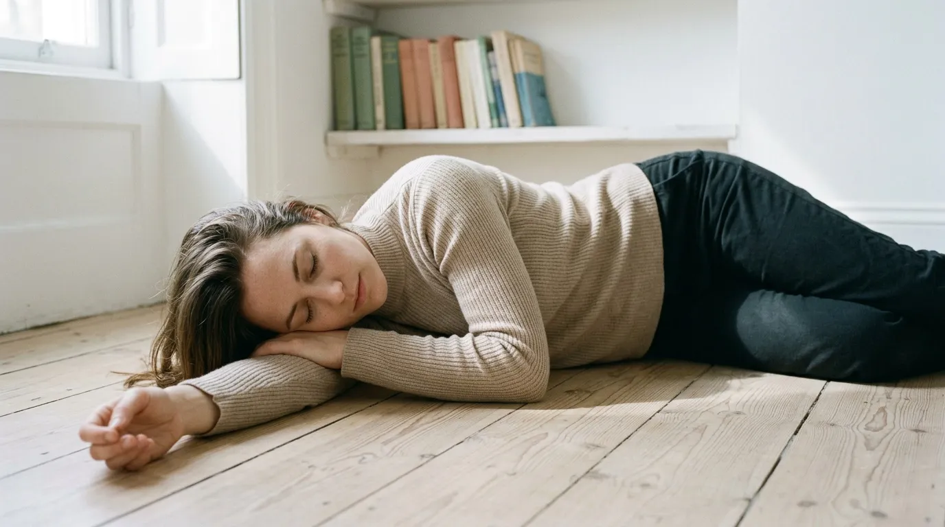 Femme en pull beige allongée sur un parquet en bois clair