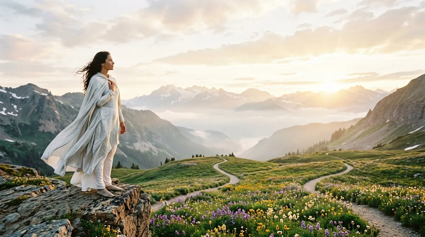 Femme en châle observant montagne et vallée fleurie