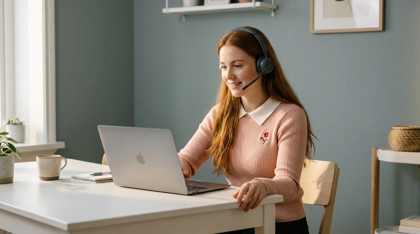 Femme souriante avec casque travaillant sur ordinateur portable